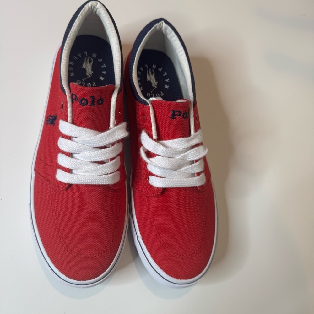 Polo Ralph Lauren Faxon X low-top canvas sneakers in red with black logo size 5